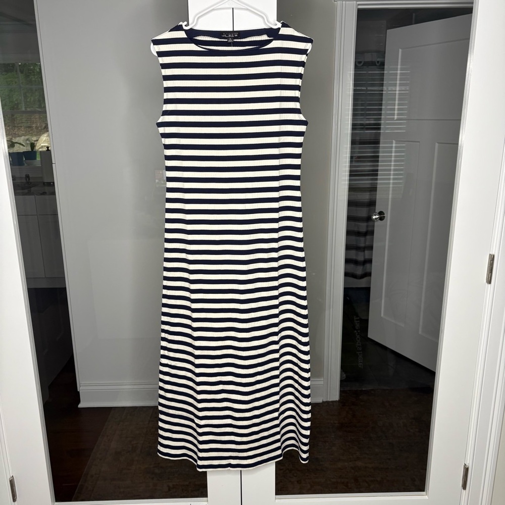 NWT J. Crew Knit Boatneck Midi Dress Stripe Even Stripe Ivory Navy - Picture 2 of 6